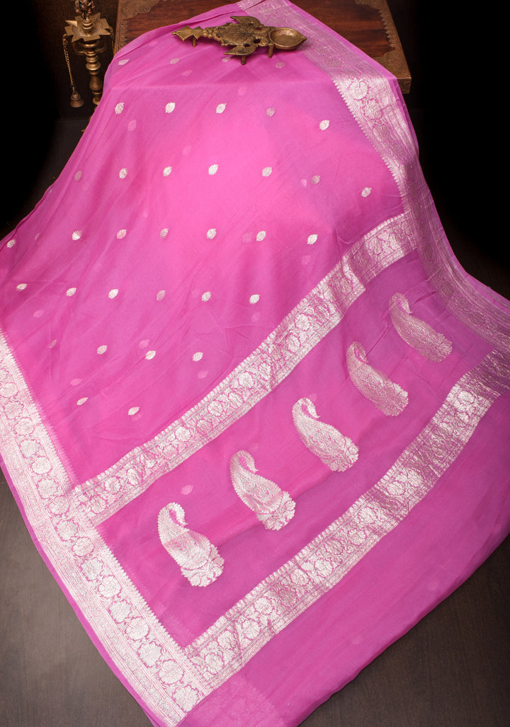 Charming  Pink Banarasi Chiffon Silk Saree with Silver Zari Buttas & Zari Border | SILK MARK CERTIFIED