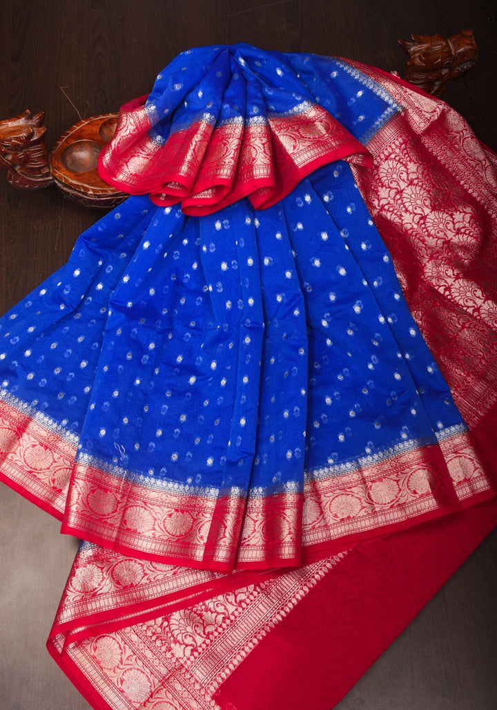 Cobalt Blue Mercerized Cotton Saree with Zari Buttas and Red Contrast Border