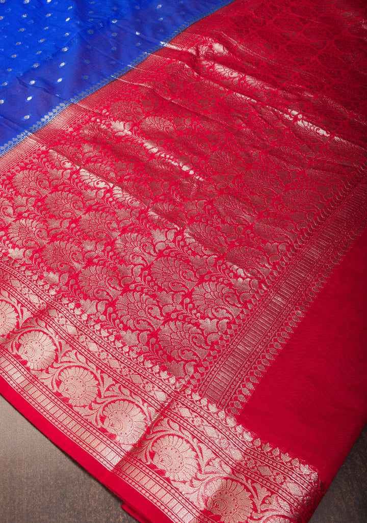 Cobalt Blue Mercerized Cotton Saree with Zari Buttas and Red Contrast Border