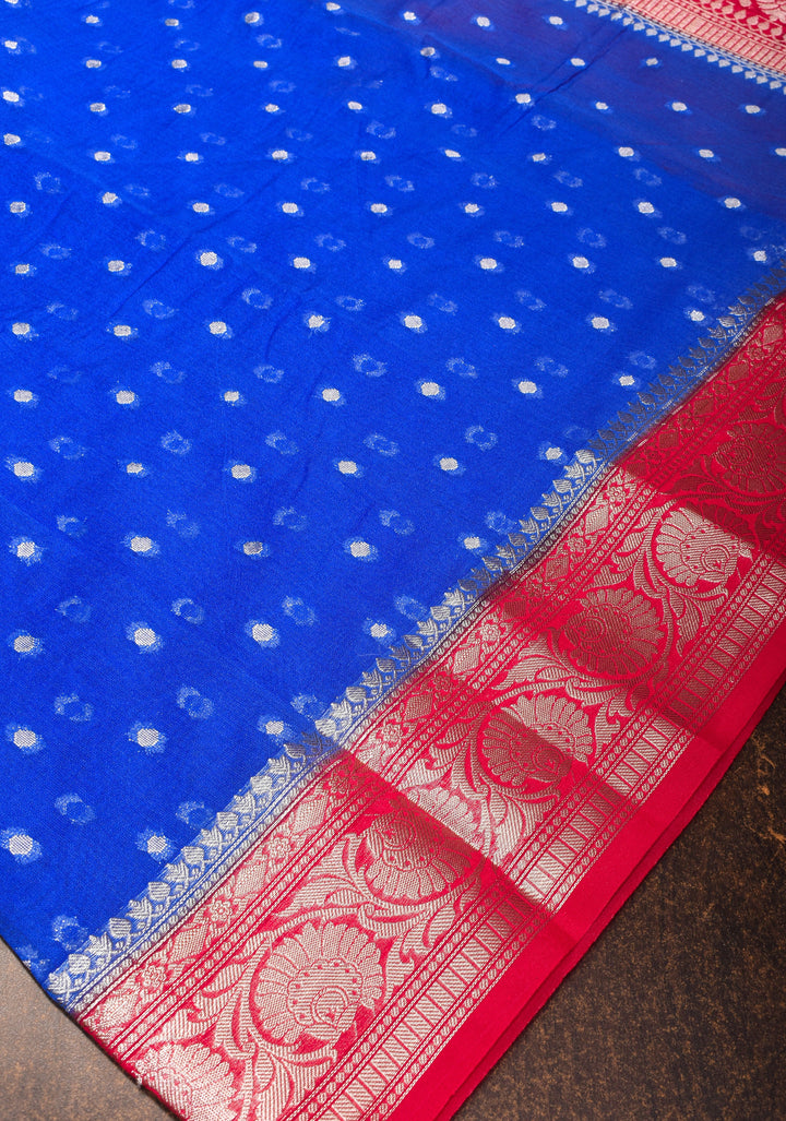Cobalt Blue Mercerized Cotton Saree with Zari Buttas and Red Contrast Border