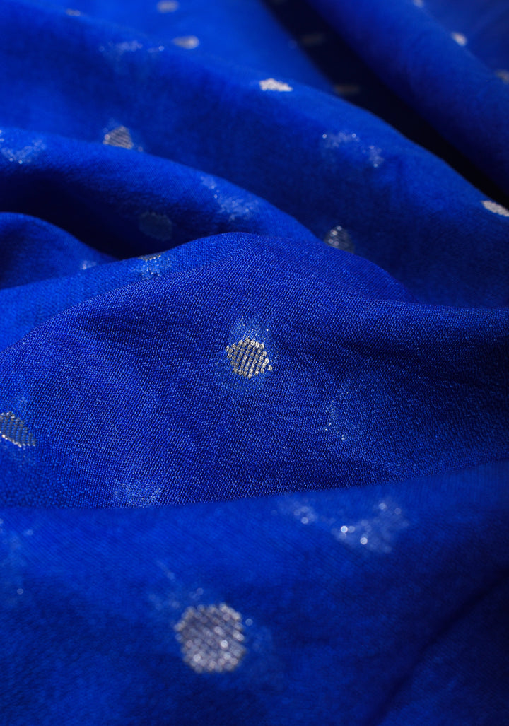 Cobalt Blue Mercerized Cotton Saree with Zari Buttas and Red Contrast Border