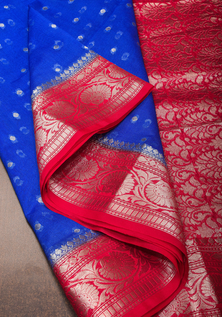 Cobalt Blue Mercerized Cotton Saree with Zari Buttas and Red Contrast Border
