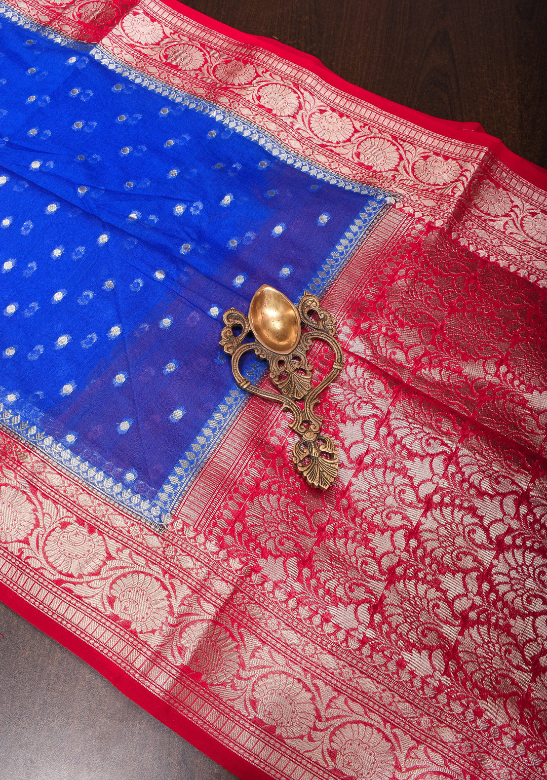 Cobalt Blue Mercerized Cotton Saree with Zari Buttas and Red Contrast Border