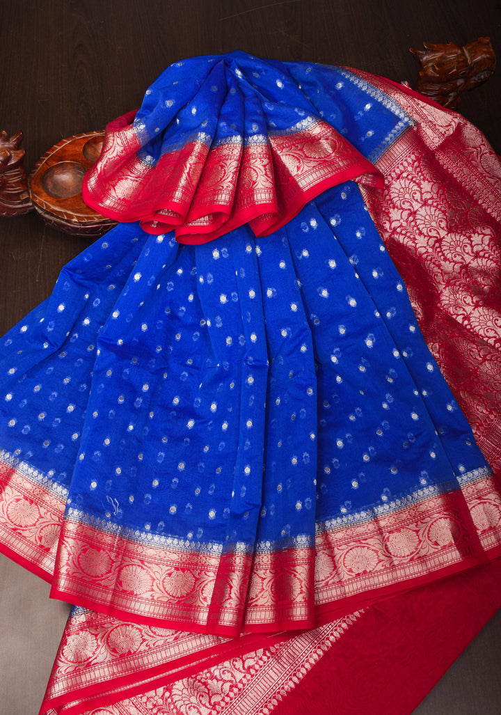 Cobalt Blue Mercerized Cotton Saree with Zari Buttas and Red Contrast Border