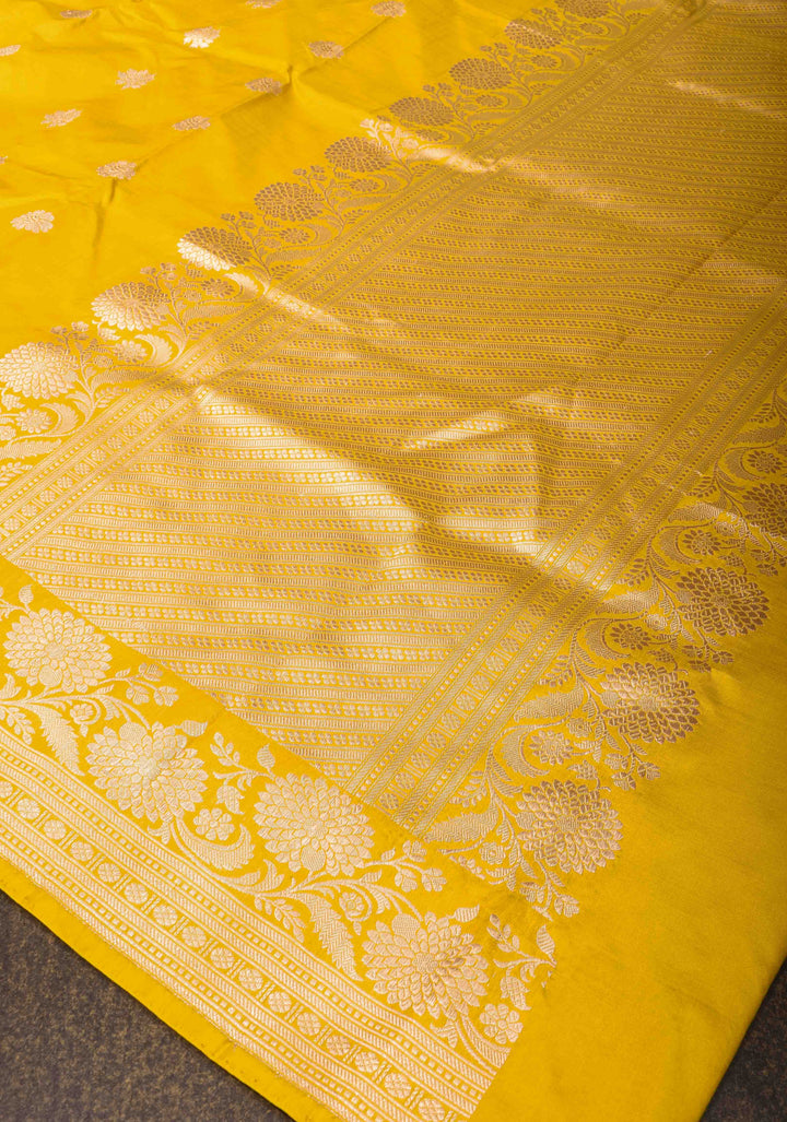 Yellow Banarasi Katan Silk Saree with Floral Buttas and Zari Border, Grand Pallu | SILK MARK CERTIFIED
