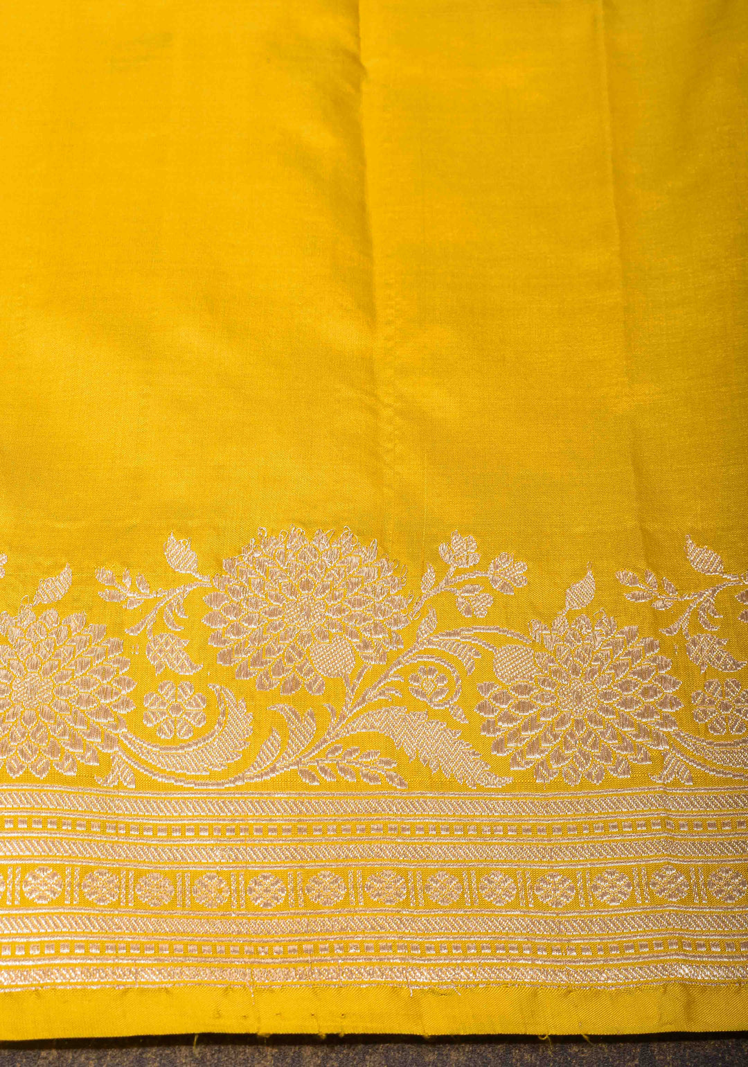 Yellow Banarasi Katan Silk Saree with Floral Buttas and Zari Border, Grand Pallu | SILK MARK CERTIFIED
