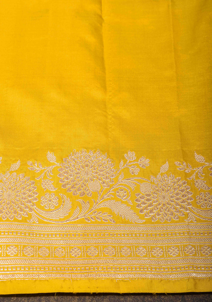 Yellow Banarasi Katan Silk Saree with Floral Buttas and Zari Border, Grand Pallu | SILK MARK CERTIFIED