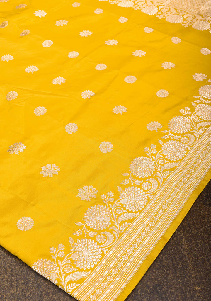 Yellow Banarasi Katan Silk Saree with Floral Buttas and Zari Border, Grand Pallu | SILK MARK CERTIFIED