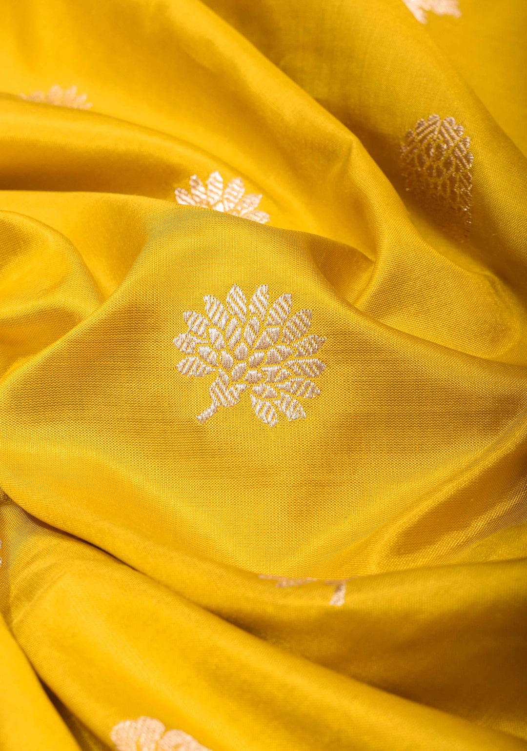 Yellow Banarasi Katan Silk Saree with Floral Buttas and Zari Border, Grand Pallu | SILK MARK CERTIFIED