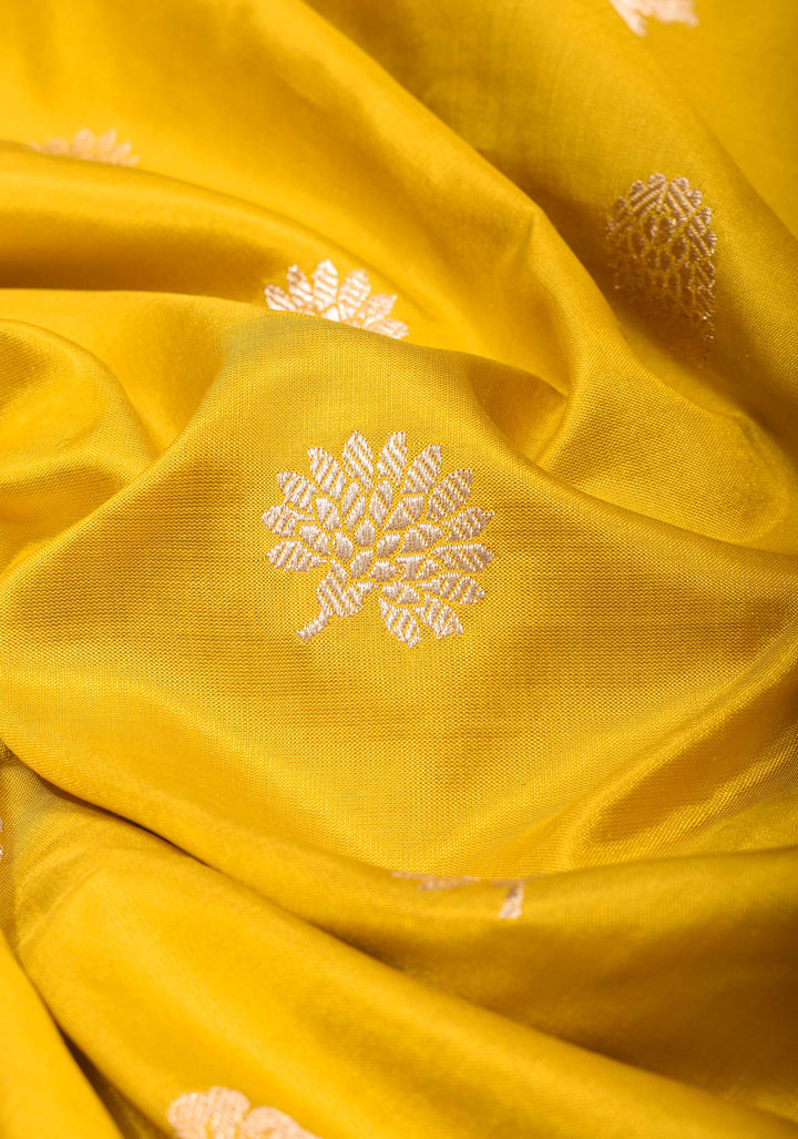 Yellow Banarasi Katan Silk Saree with Floral Buttas and Zari Border, Grand Pallu | SILK MARK CERTIFIED