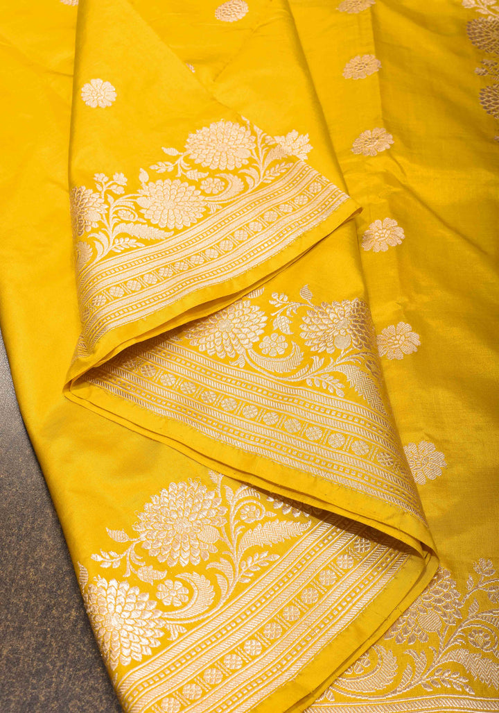 Yellow Banarasi Katan Silk Saree with Floral Buttas and Zari Border, Grand Pallu | SILK MARK CERTIFIED