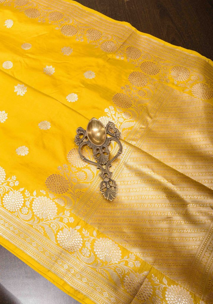Yellow Banarasi Katan Silk Saree with Floral Buttas and Zari Border, Grand Pallu | SILK MARK CERTIFIED
