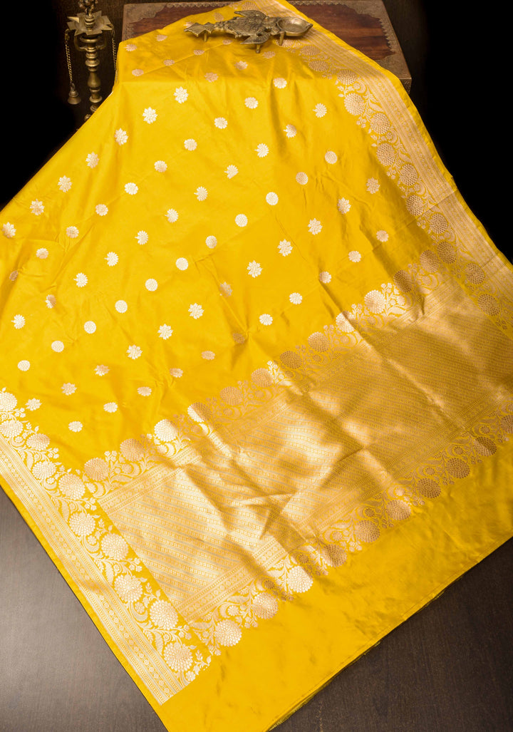 Yellow Banarasi Katan Silk Saree with Floral Buttas and Zari Border, Grand Pallu | SILK MARK CERTIFIED