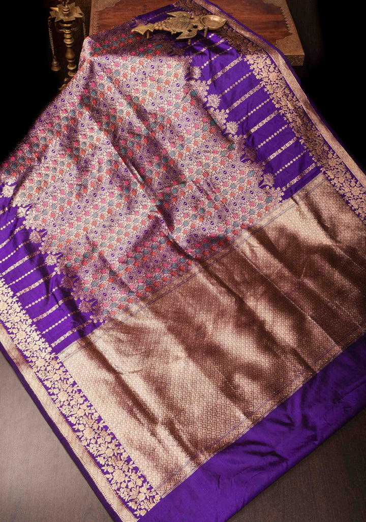 Purple Pure Banarasi Katan Silk Saree with Meenakari Floral Brocade and Zari Border | SILK MARK CERTIFIED