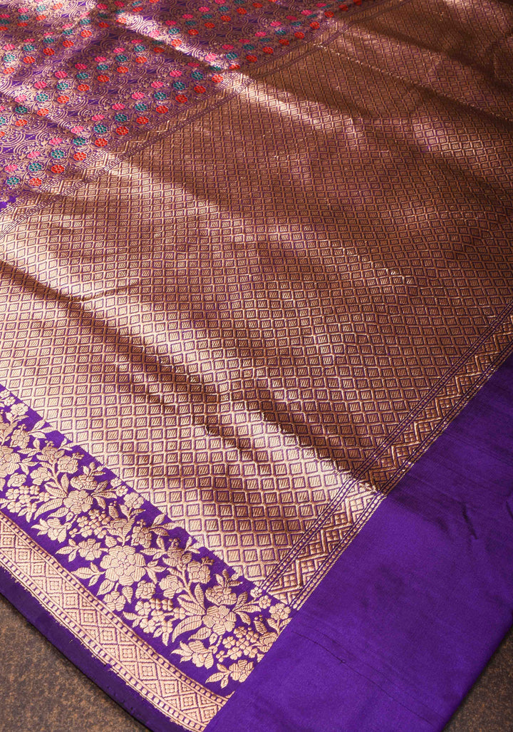 Purple Pure Banarasi Katan Silk Saree with Meenakari Floral Brocade and Zari Border | SILK MARK CERTIFIED