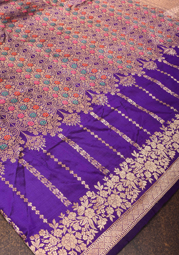 Purple Pure Banarasi Katan Silk Saree with Meenakari Floral Brocade and Zari Border | SILK MARK CERTIFIED