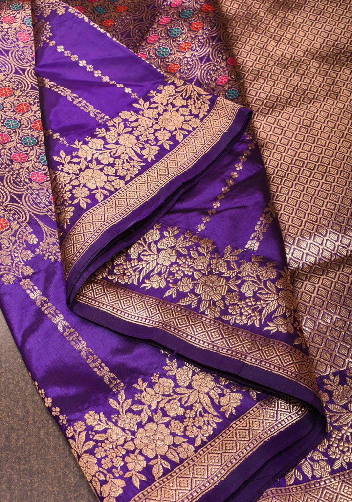 Purple Pure Banarasi Katan Silk Saree with Meenakari Floral Brocade and Zari Border | SILK MARK CERTIFIED