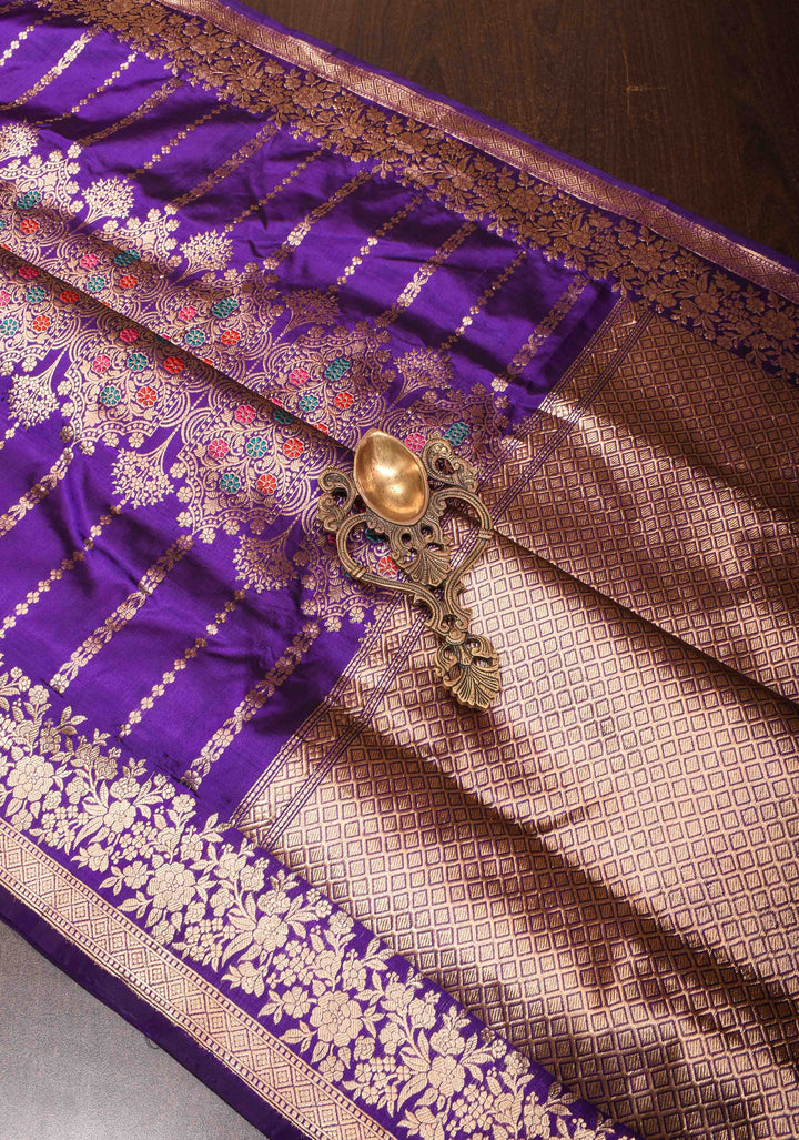 Purple Pure Banarasi Katan Silk Saree with Meenakari Floral Brocade and Zari Border | SILK MARK CERTIFIED