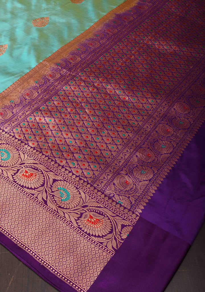 Cyan Banarasi Katan Silk Saree with damask Buttas and Meenakari Contrast Borders | SILK MARK CERTIFIED