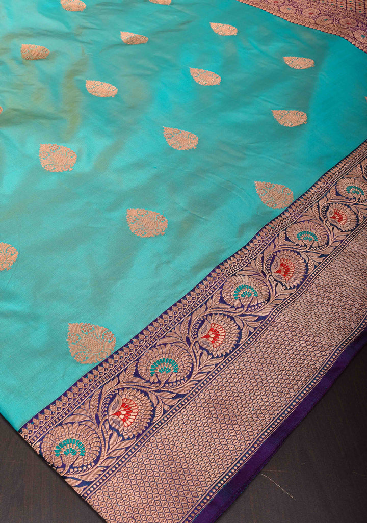 Cyan Banarasi Katan Silk Saree with damask Buttas and Meenakari Contrast Borders | SILK MARK CERTIFIED