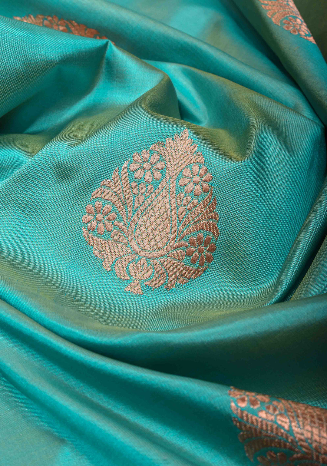 Cyan Banarasi Katan Silk Saree with damask Buttas and Meenakari Contrast Borders | SILK MARK CERTIFIED
