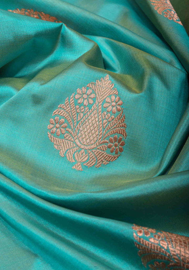 Cyan Banarasi Katan Silk Saree with damask Buttas and Meenakari Contrast Borders | SILK MARK CERTIFIED
