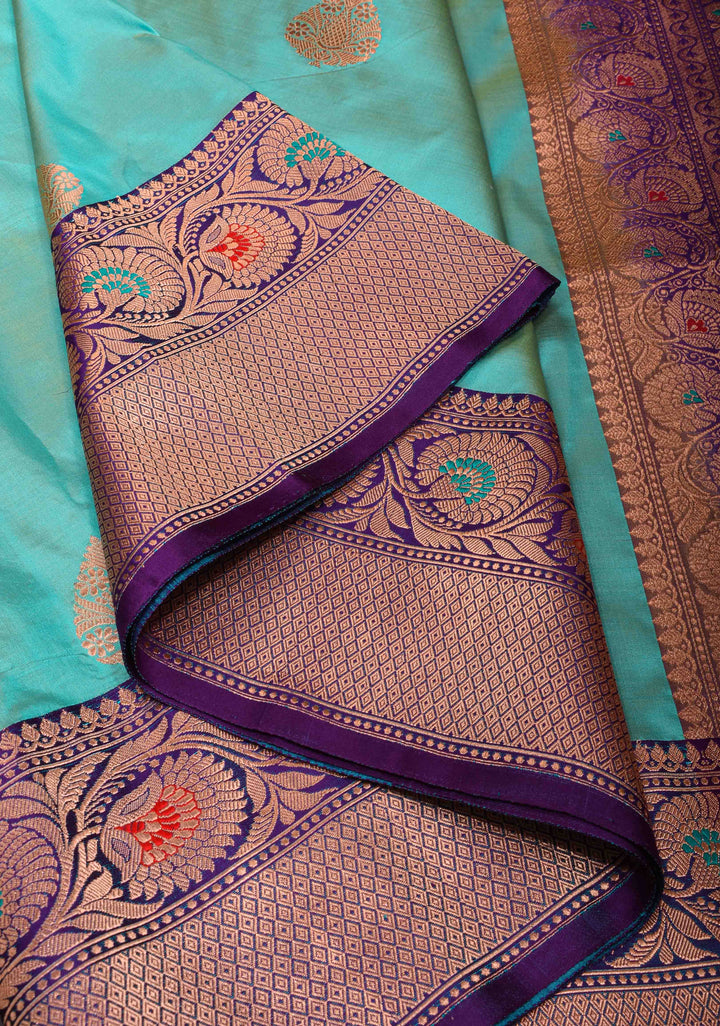 Cyan Banarasi Katan Silk Saree with damask Buttas and Meenakari Contrast Borders | SILK MARK CERTIFIED