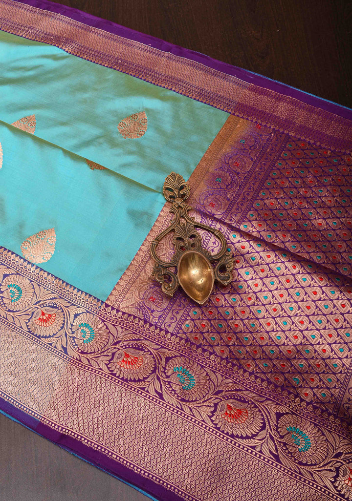 Cyan Banarasi Katan Silk Saree with damask Buttas and Meenakari Contrast Borders | SILK MARK CERTIFIED