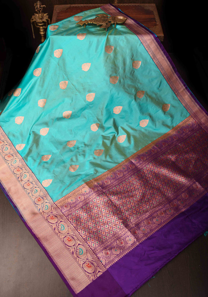 Cyan Banarasi Katan Silk Saree with damask Buttas and Meenakari Contrast Borders | SILK MARK CERTIFIED