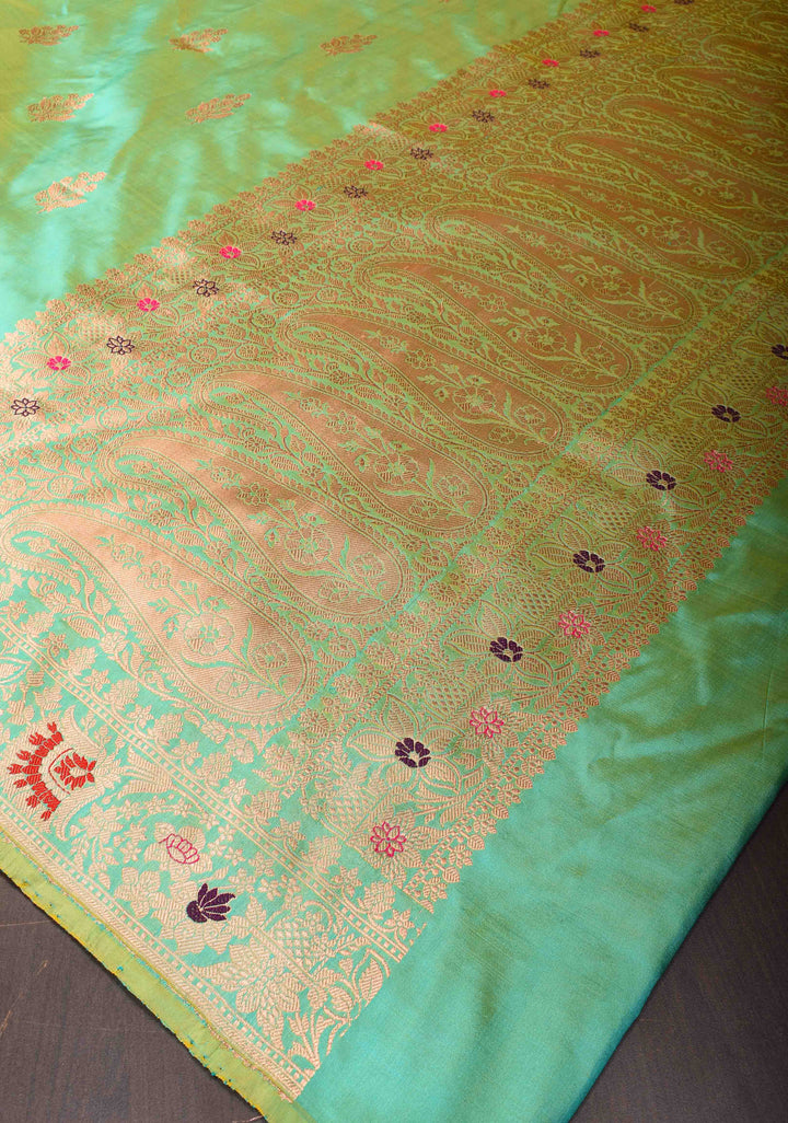 Sea Green Banarasi Katan Silk Saree with Zari Buttas and Meenakari Border | SILK MARK CERTIFIED