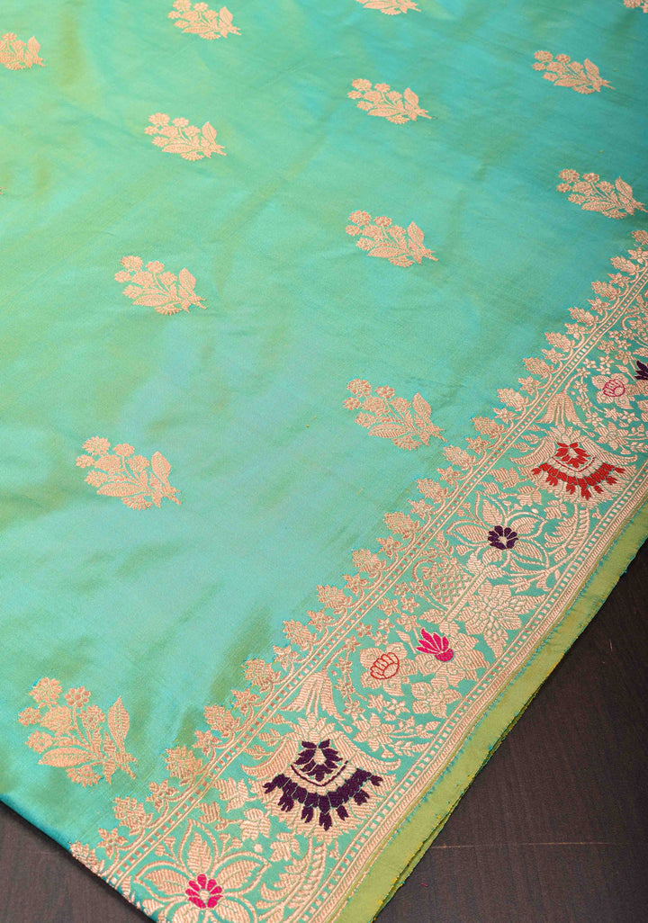 Sea Green Banarasi Katan Silk Saree with Zari Buttas and Meenakari Border | SILK MARK CERTIFIED
