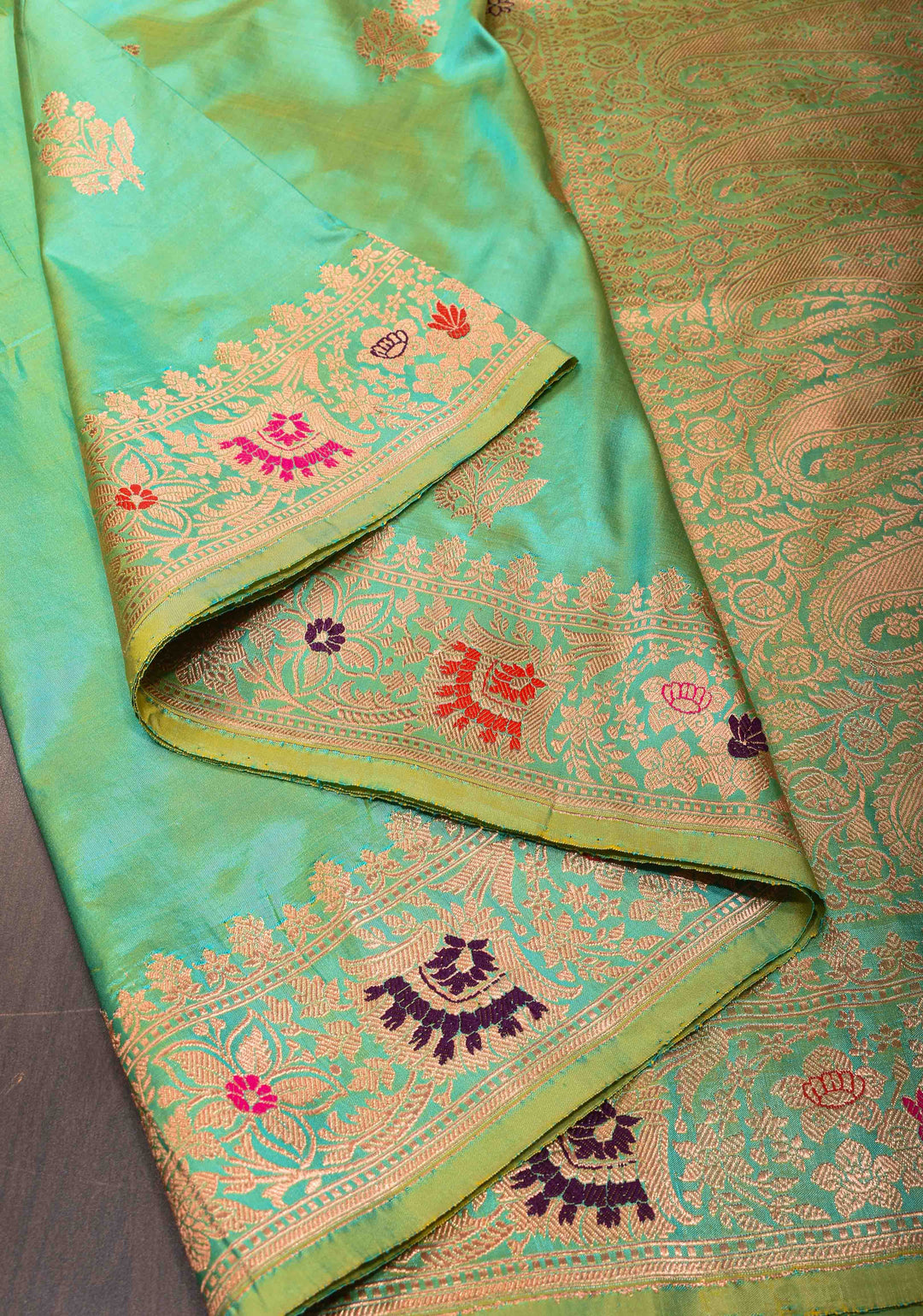 Sea Green Banarasi Katan Silk Saree with Zari Buttas and Meenakari Border | SILK MARK CERTIFIED