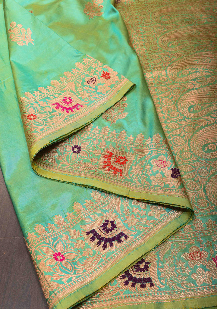 Sea Green Banarasi Katan Silk Saree with Zari Buttas and Meenakari Border | SILK MARK CERTIFIED
