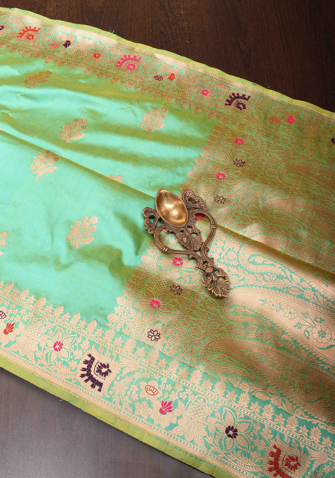Sea Green Banarasi Katan Silk Saree with Zari Buttas and Meenakari Border | SILK MARK CERTIFIED
