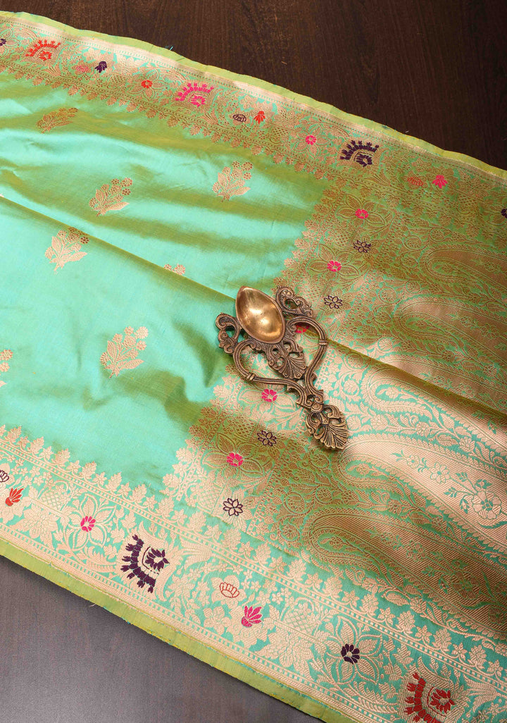 Sea Green Banarasi Katan Silk Saree with Zari Buttas and Meenakari Border | SILK MARK CERTIFIED