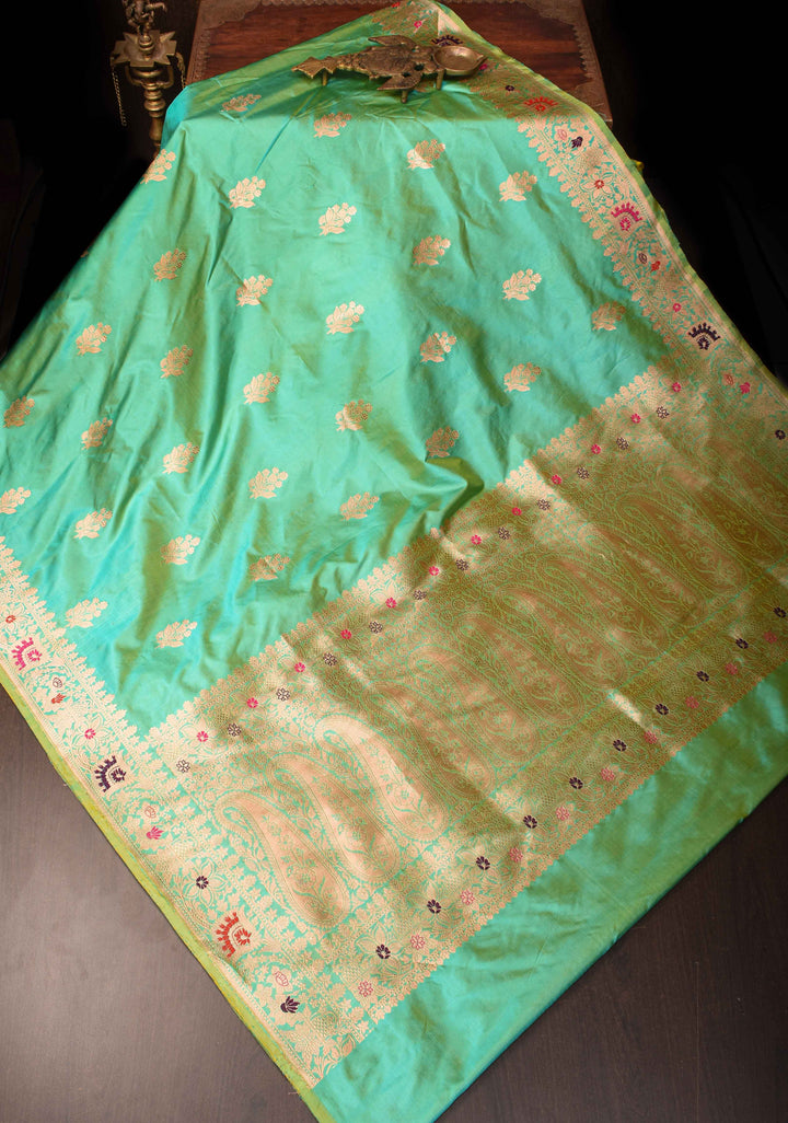 Sea Green Banarasi Katan Silk Saree with Zari Buttas and Meenakari Border | SILK MARK CERTIFIED