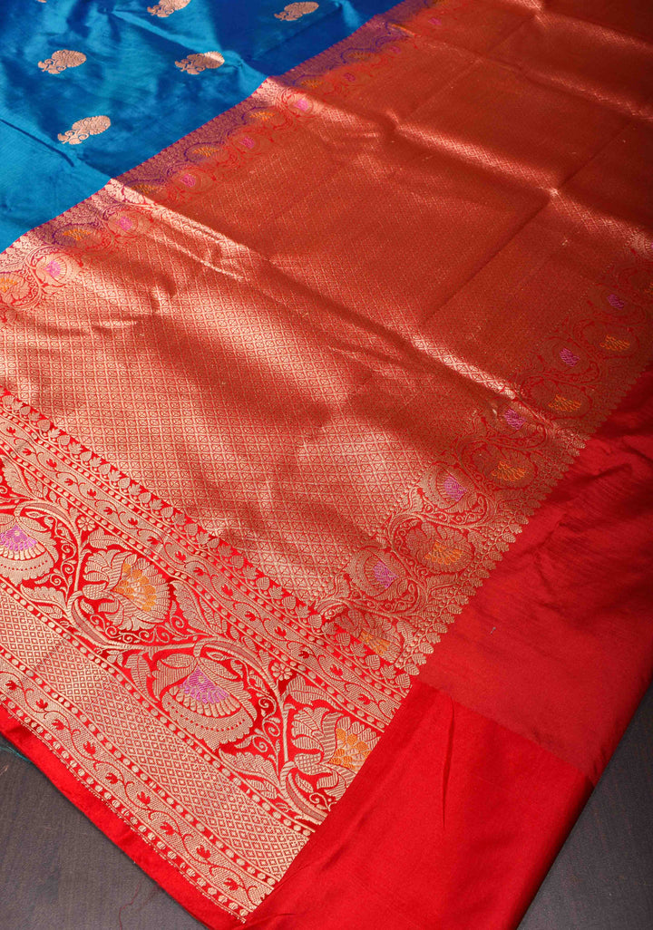 Banarasi Katan Silk Saree in Blue with Floral Motifs and Contrast Meenakari Zari Borders | SILK MARK CERTIFIED