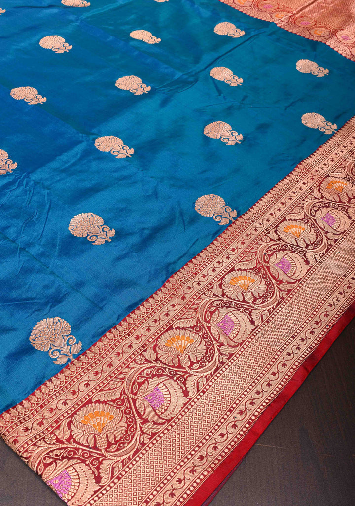 Banarasi Katan Silk Saree in Blue with Floral Motifs and Contrast Meenakari Zari Borders | SILK MARK CERTIFIED