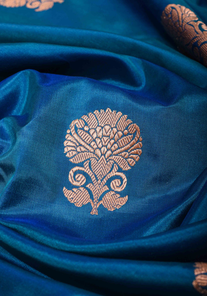 Banarasi Katan Silk Saree in Blue with Floral Motifs and Contrast Meenakari Zari Borders | SILK MARK CERTIFIED