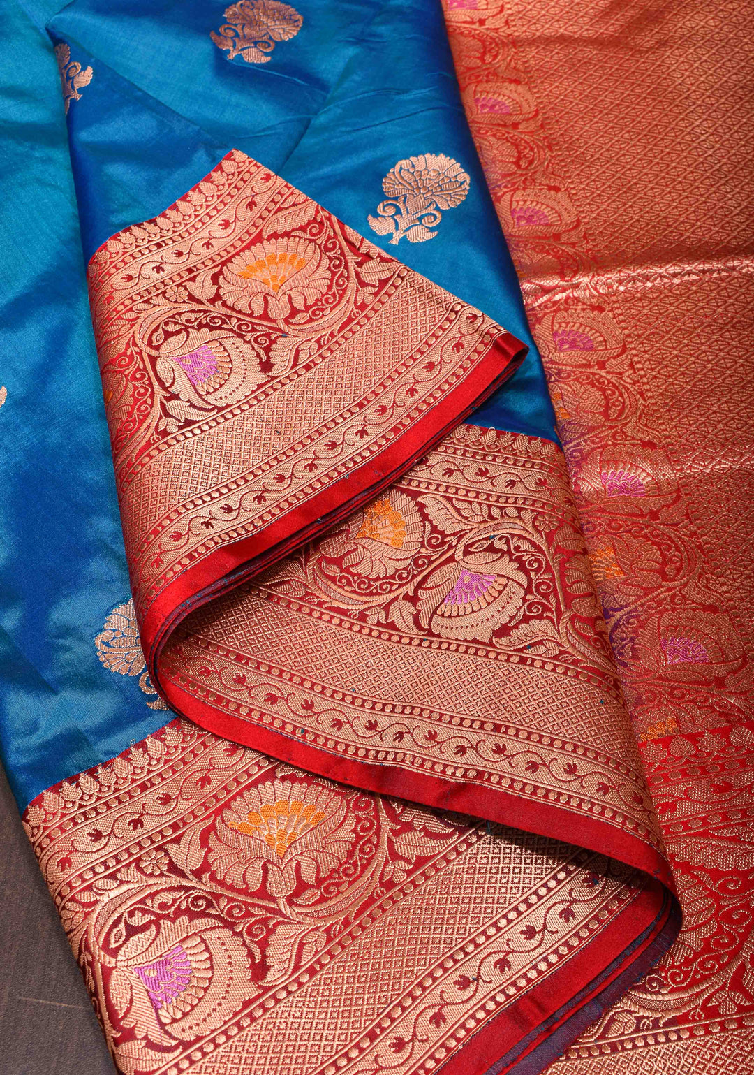 Banarasi Katan Silk Saree in Blue with Floral Motifs and Contrast Meenakari Zari Borders | SILK MARK CERTIFIED