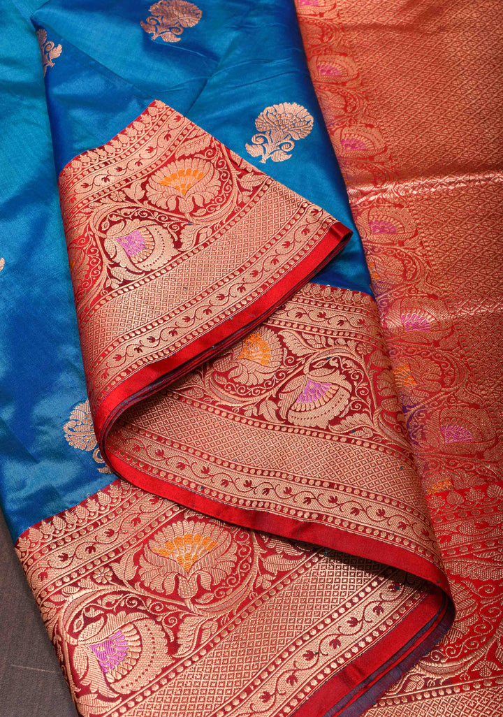 Banarasi Katan Silk Saree in Blue with Floral Motifs and Contrast Meenakari Zari Borders | SILK MARK CERTIFIED
