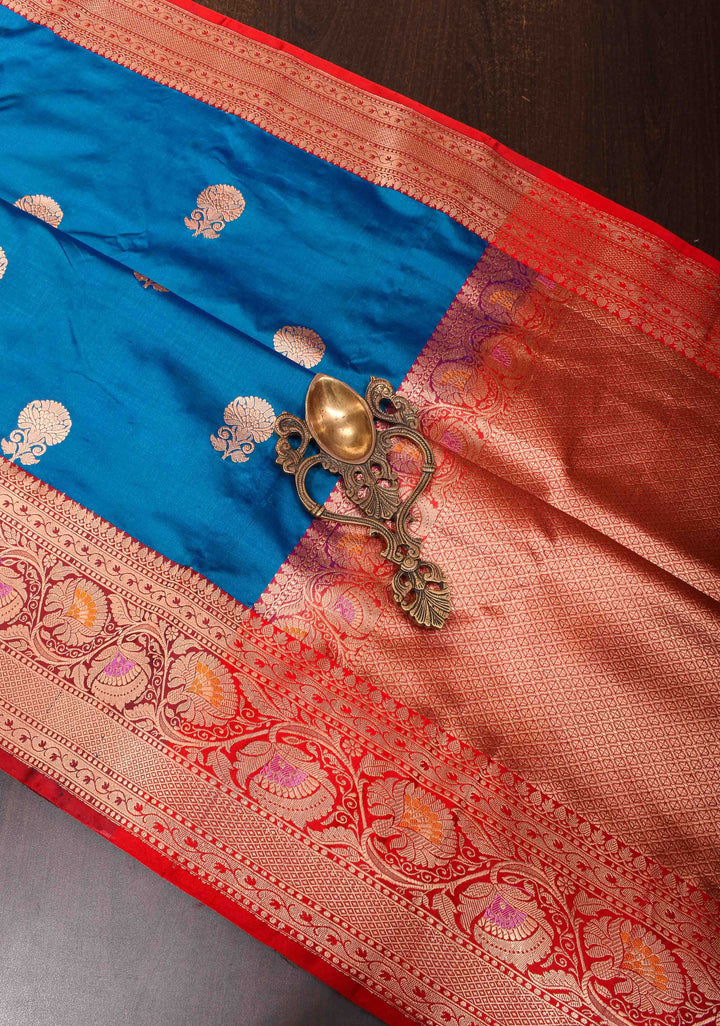 Banarasi Katan Silk Saree in Blue with Floral Motifs and Contrast Meenakari Zari Borders | SILK MARK CERTIFIED