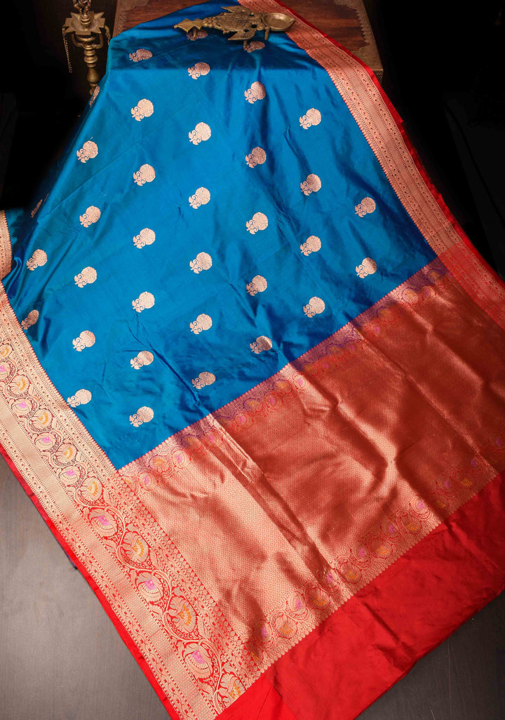 Banarasi Katan Silk Saree in Blue with Floral Motifs and Contrast Meenakari Zari Borders | SILK MARK CERTIFIED