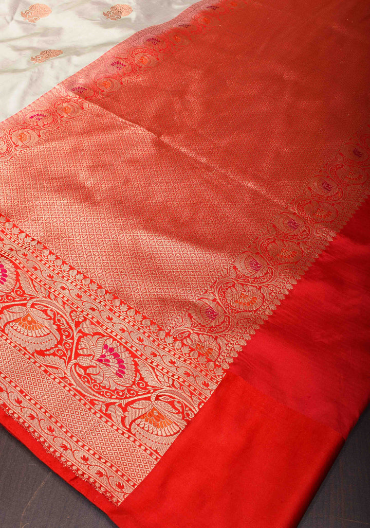 Banarasi Katan Silk Saree in  Silver Gray with Floral Motifs and Contrast Meenakari Zari Borders | SILK MARK CERTIFIED