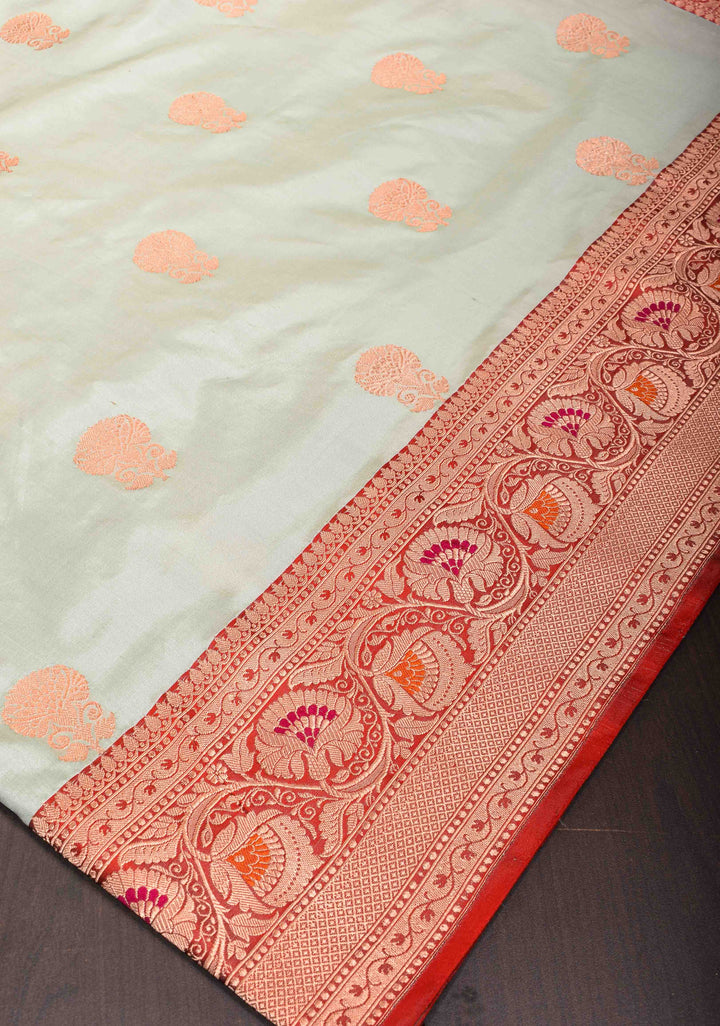 Banarasi Katan Silk Saree in  Silver Gray with Floral Motifs and Contrast Meenakari Zari Borders | SILK MARK CERTIFIED