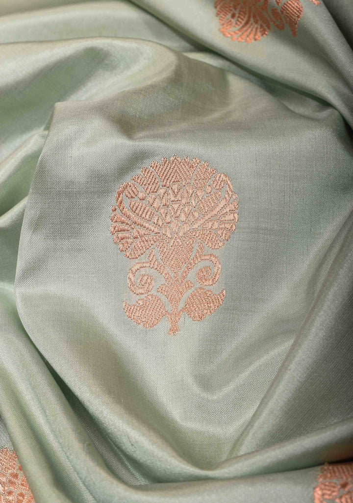Banarasi Katan Silk Saree in  Silver Gray with Floral Motifs and Contrast Meenakari Zari Borders | SILK MARK CERTIFIED