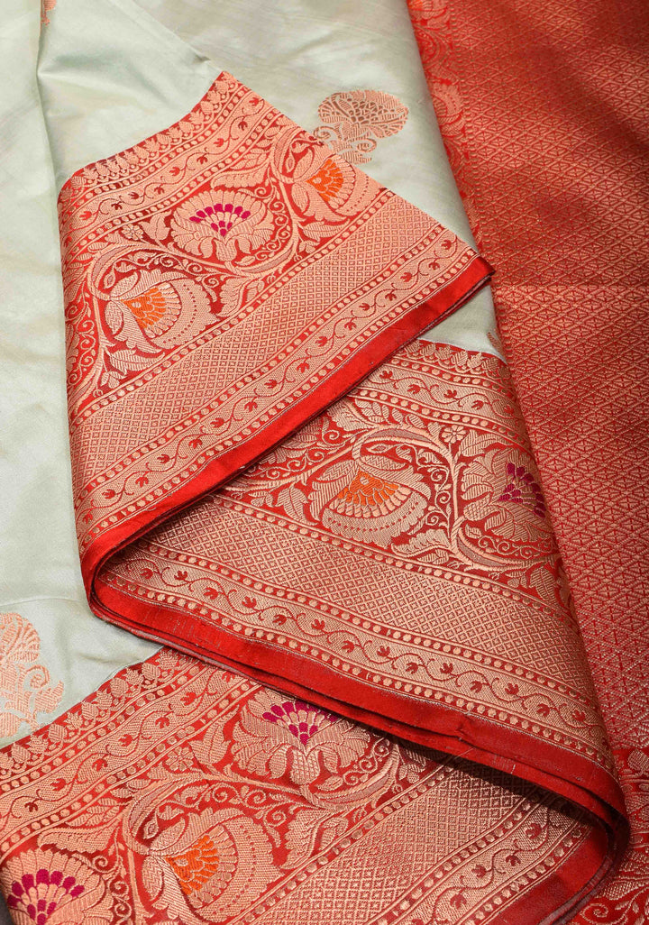 Banarasi Katan Silk Saree in  Silver Gray with Floral Motifs and Contrast Meenakari Zari Borders | SILK MARK CERTIFIED