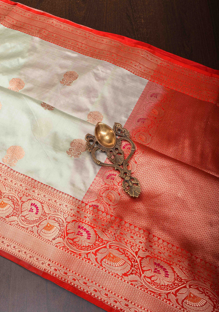 Banarasi Katan Silk Saree in  Silver Gray with Floral Motifs and Contrast Meenakari Zari Borders | SILK MARK CERTIFIED