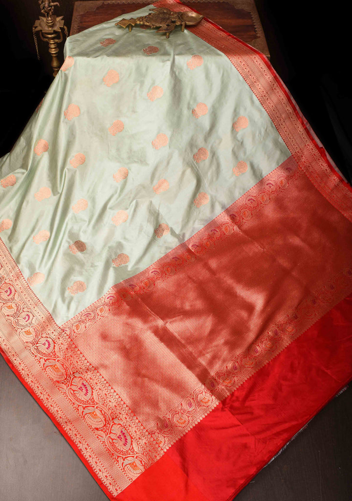 Banarasi Katan Silk Saree in  Silver Gray with Floral Motifs and Contrast Meenakari Zari Borders | SILK MARK CERTIFIED