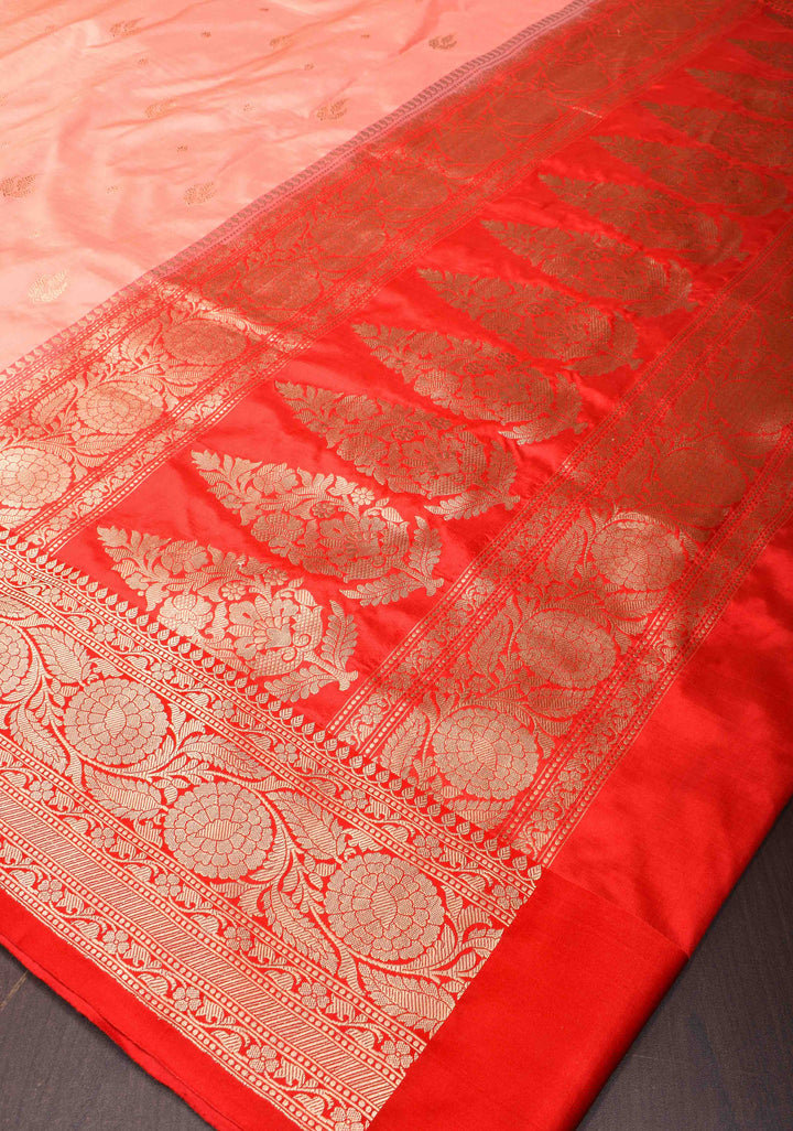 Peach Banarasi Katan Silk Saree with Intricate Zari Buttas and Ornate Red Border With Elongated Paisely Pallu | SILK MARK CERTIFIED